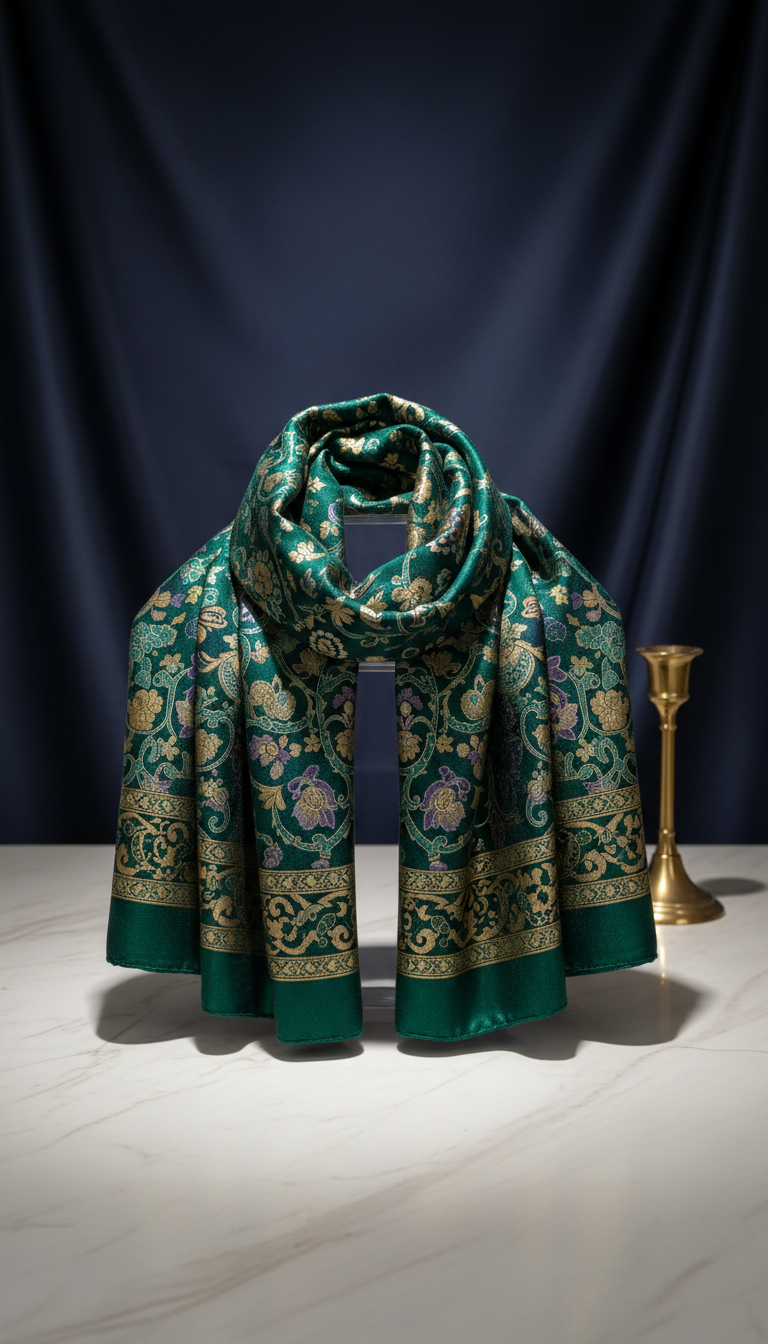 Emerald Velvet Ornate Silk Scarf