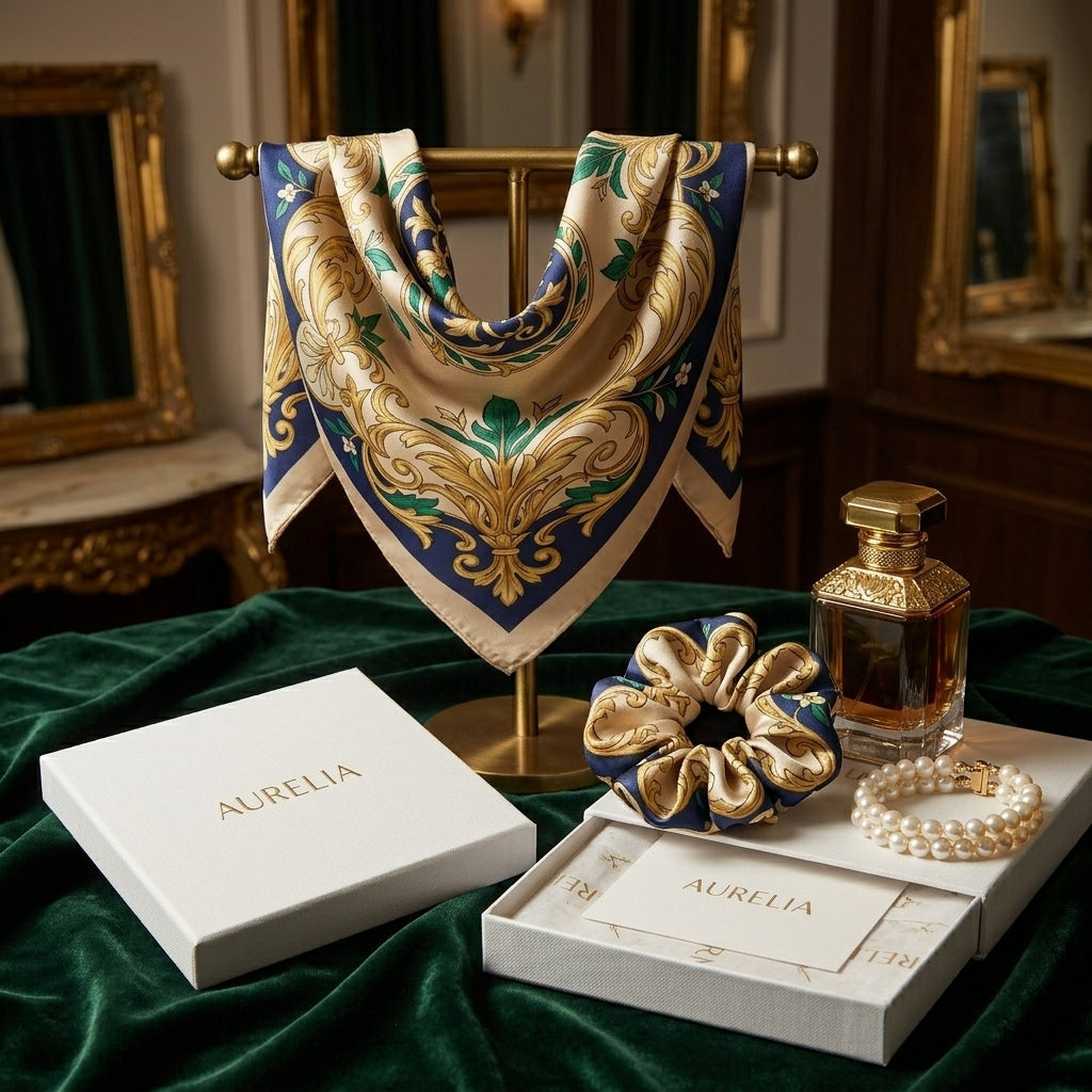 Baroque Scrollwork Silk Scarf & Matching Silk Scrunchie 2-Piece Luxury Gift Set