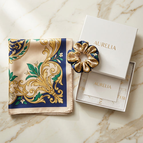 Baroque Scrollwork Silk Scarf & Matching Silk Scrunchie 2-Piece Luxury Gift Set