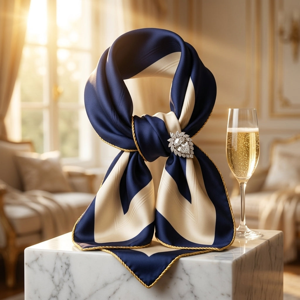 Haute Joaillerie Midnight Navy Mulberry Silk Scarf with 24K Gold Rope Trim & Pear-Cut Diamond Brooch